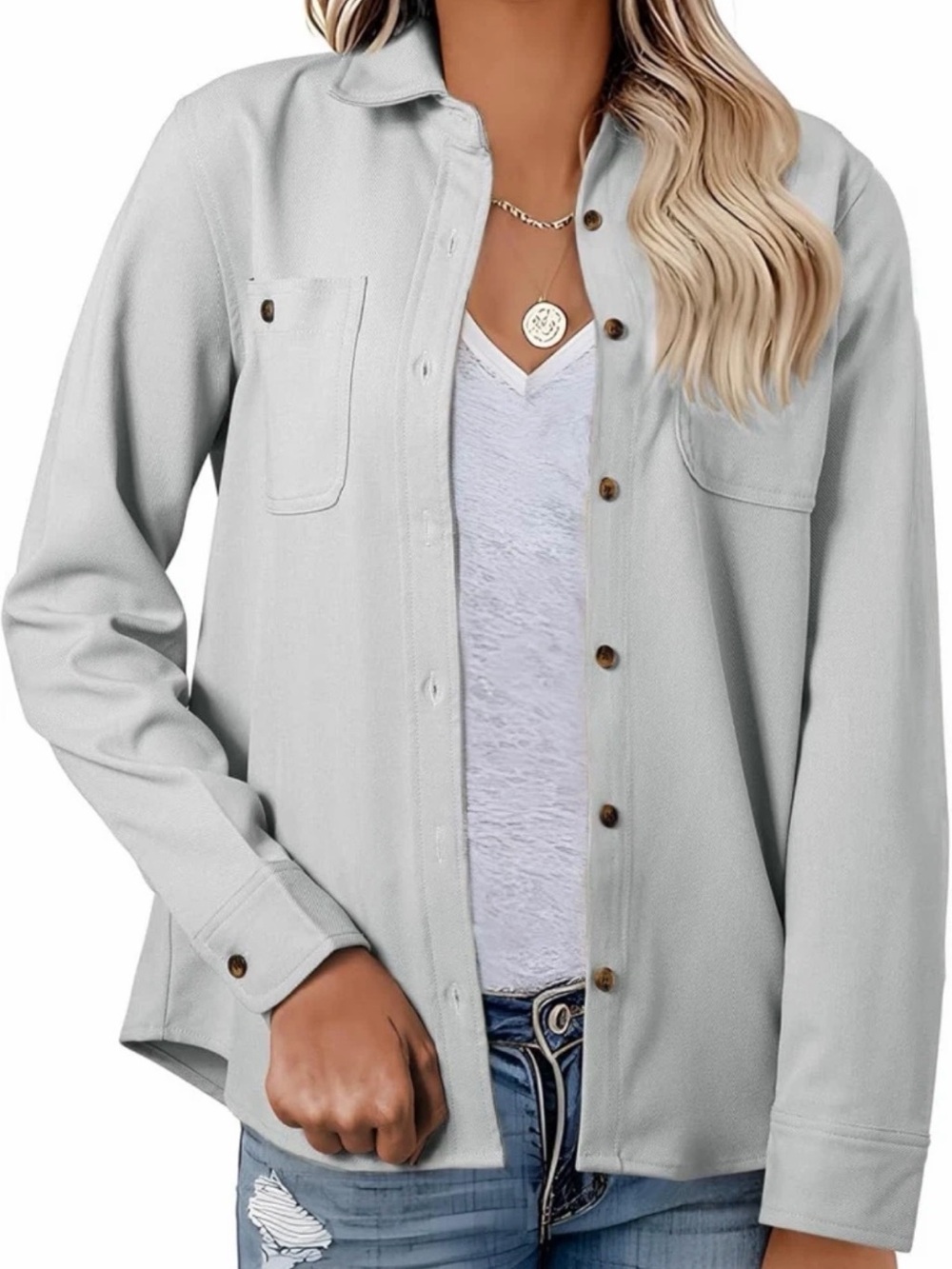 Women's Button Up Lightweight Shacket Size Large Oversized Shirt Jacket Gray